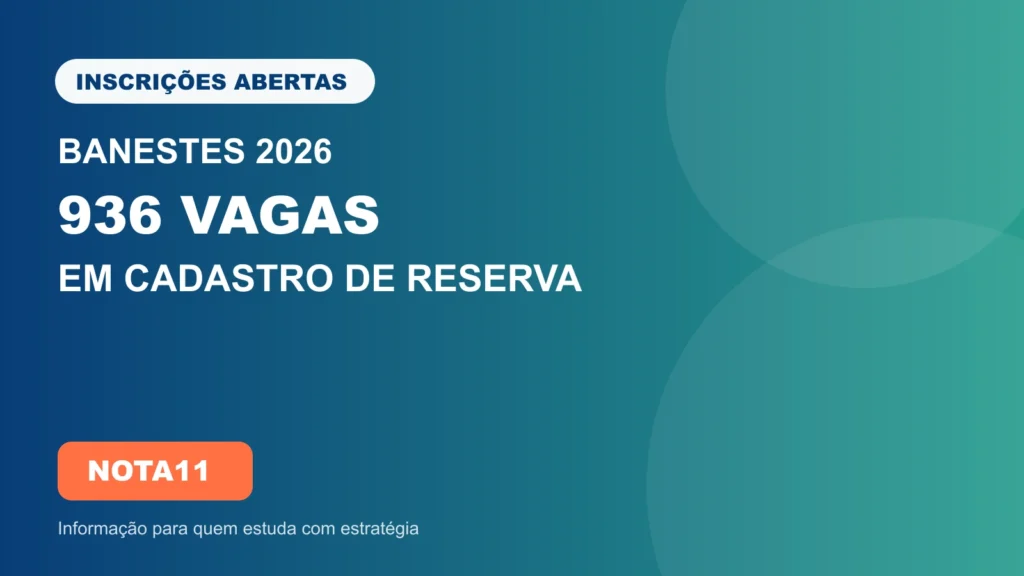 Arte em verde e azul com os textos Banestes 2026, inscrições abertas e 936 vagas.